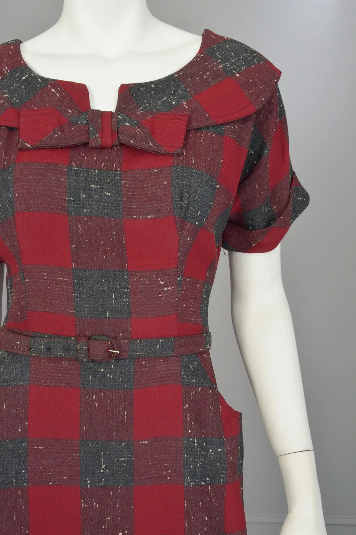 1940s 50s Red Wine Gray Plaid Wiggle Secretary Dress