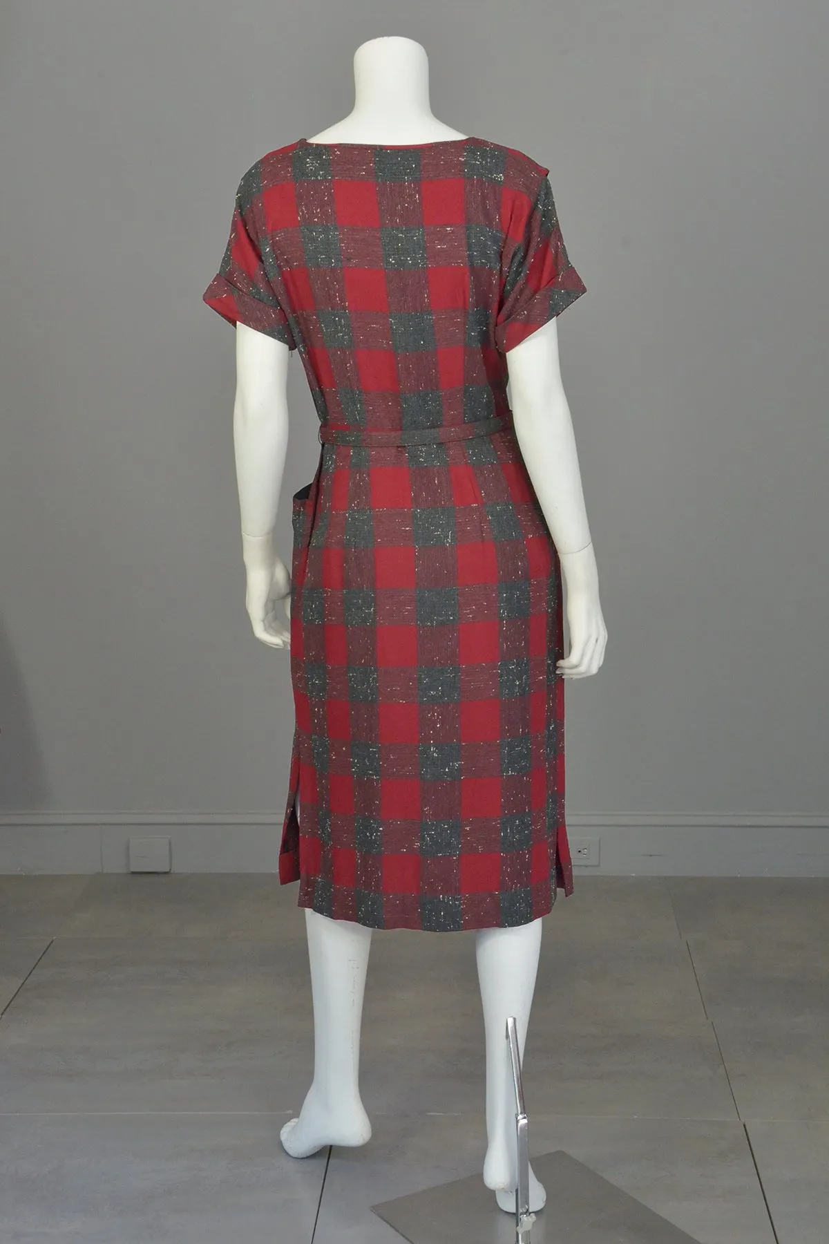 1940s 50s Red Wine Gray Plaid Wiggle Secretary Dress