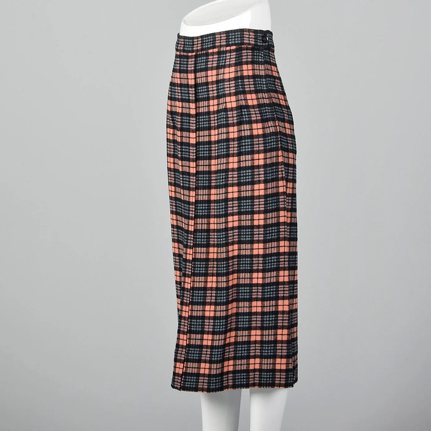 1940s Wool Pencil Skirt in Pink and Blue Plaid