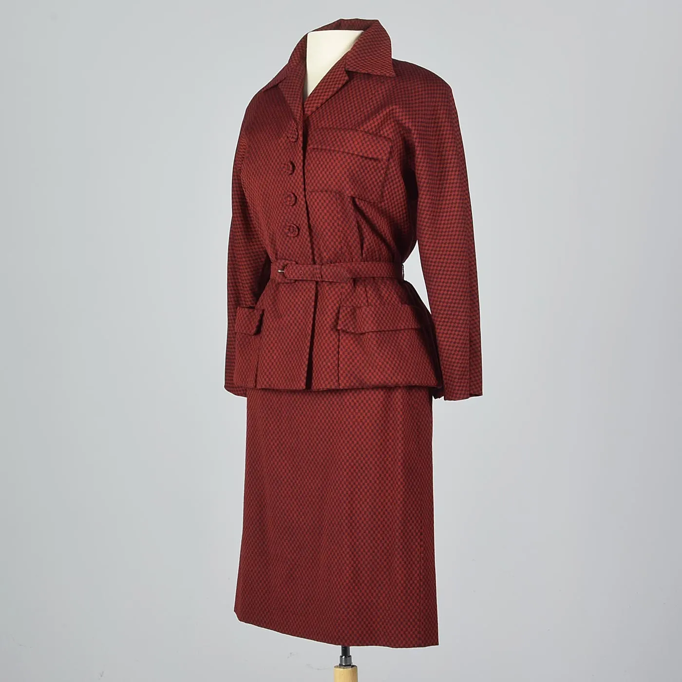 1950s Red Check Belted Skirt Suit with Pleated Back