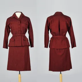 1950s Red Check Belted Skirt Suit with Pleated Back