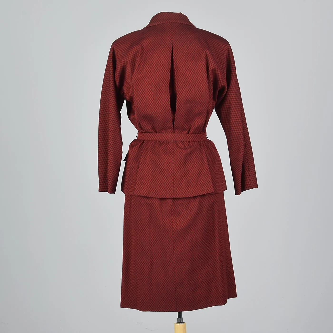 1950s Red Check Belted Skirt Suit with Pleated Back