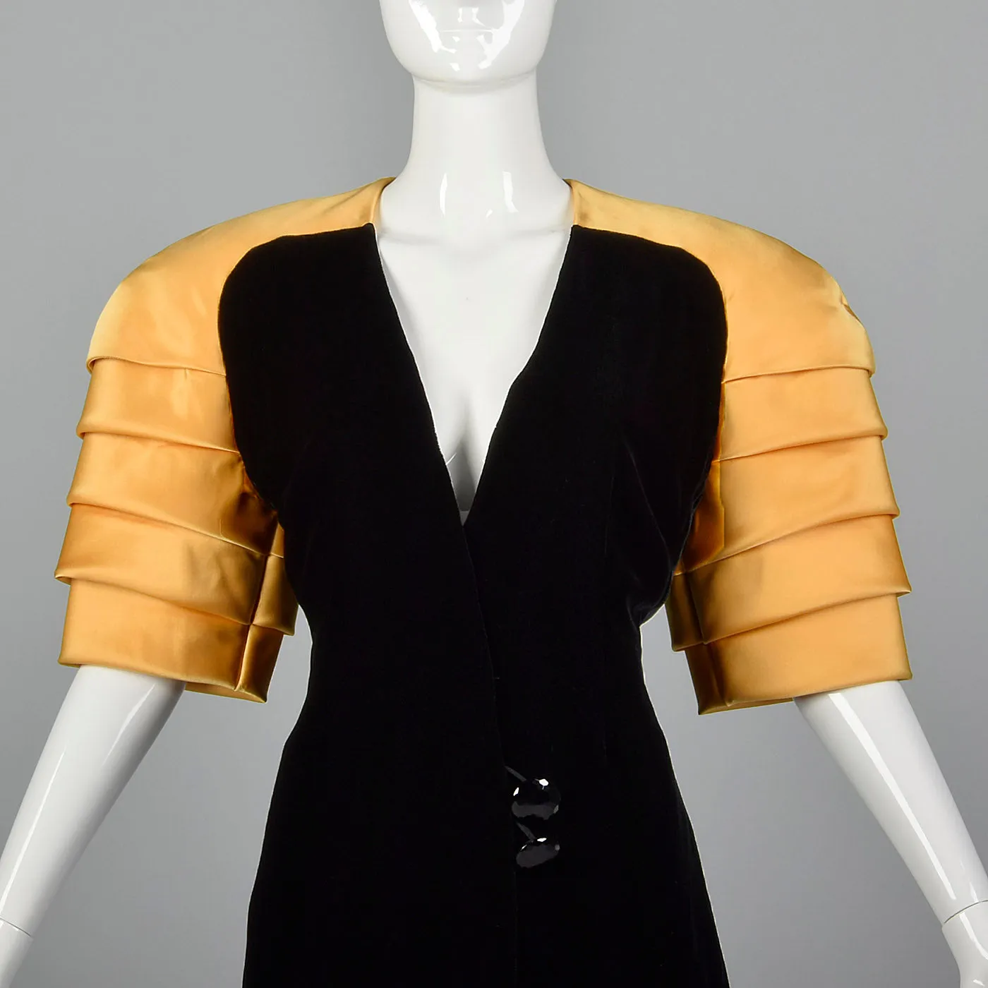 1980s Ingrid Luhn Black Velvet Skirt Suit with Gold Shoulders