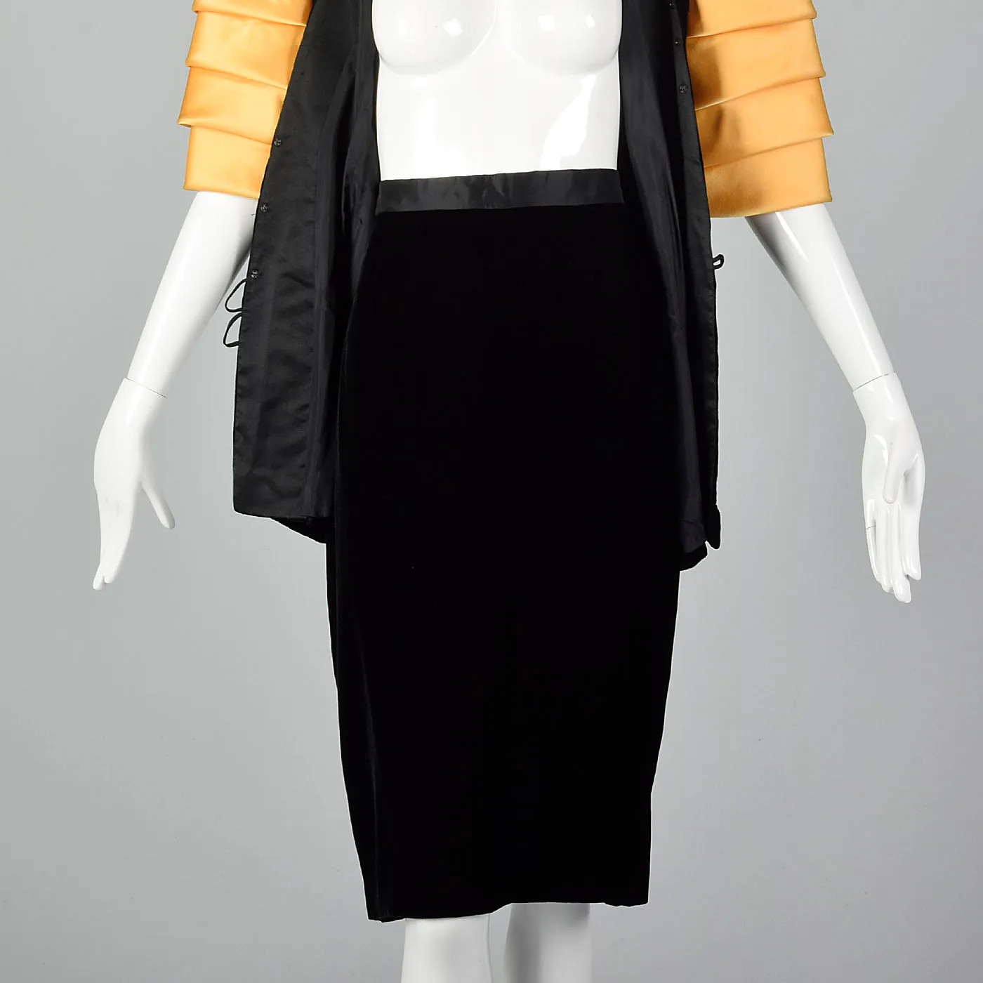 1980s Ingrid Luhn Black Velvet Skirt Suit with Gold Shoulders