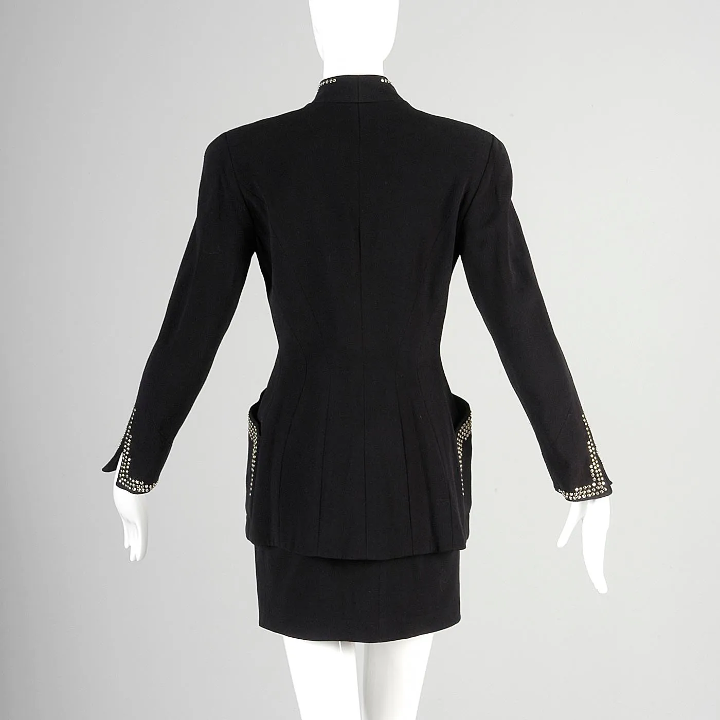 1990s Tadashi Curvy Black Skirt Suit with Silver Studs