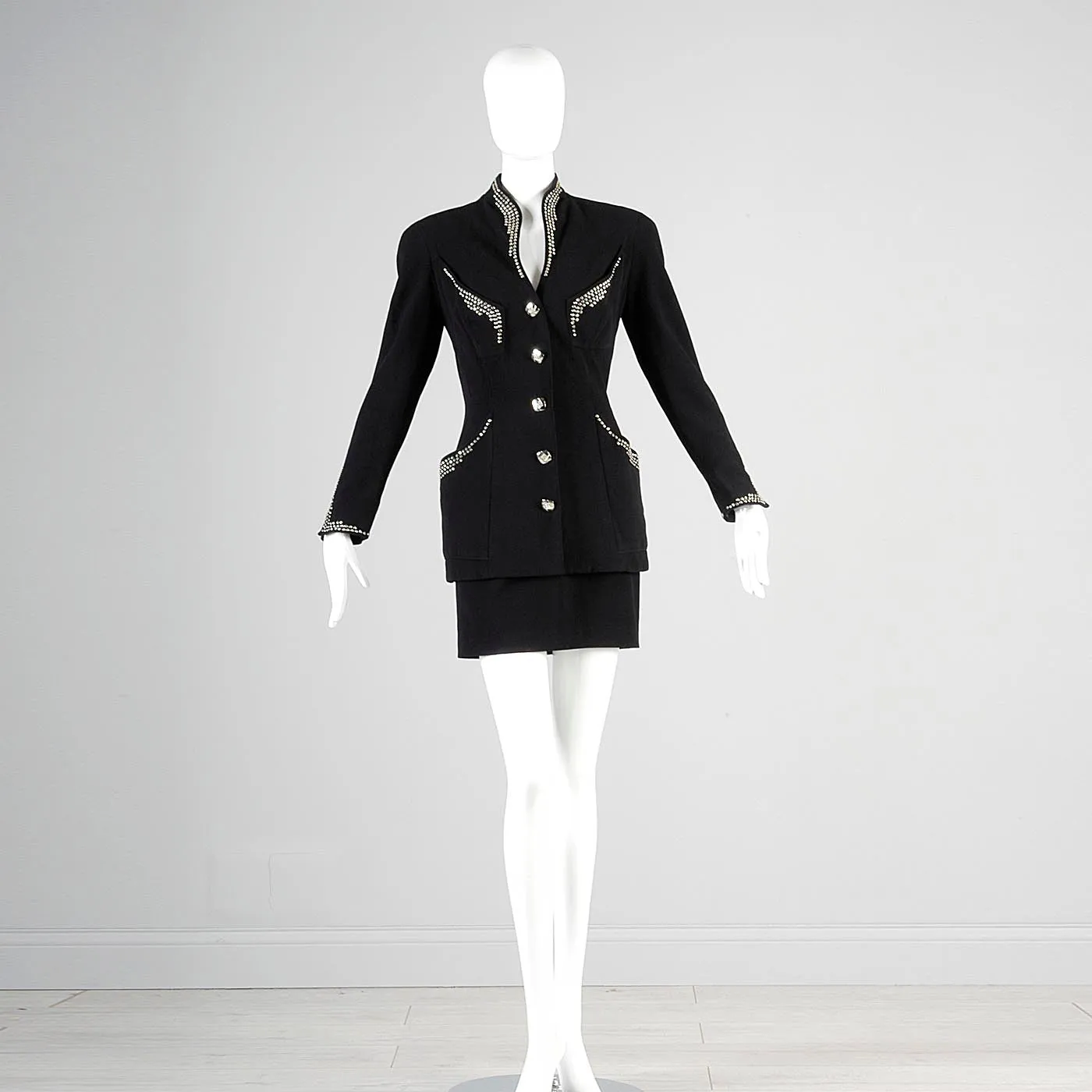 1990s Tadashi Curvy Black Skirt Suit with Silver Studs