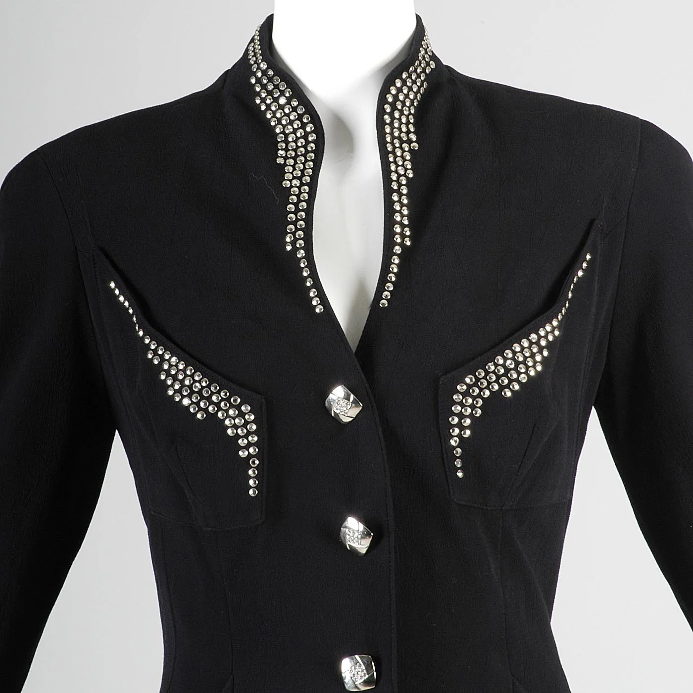 1990s Tadashi Curvy Black Skirt Suit with Silver Studs