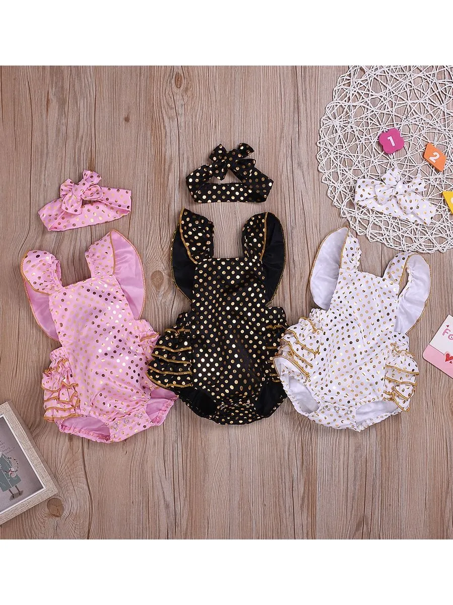 2-Piece Onesie Polka Dots Ruffle Jumpsuit   Headband