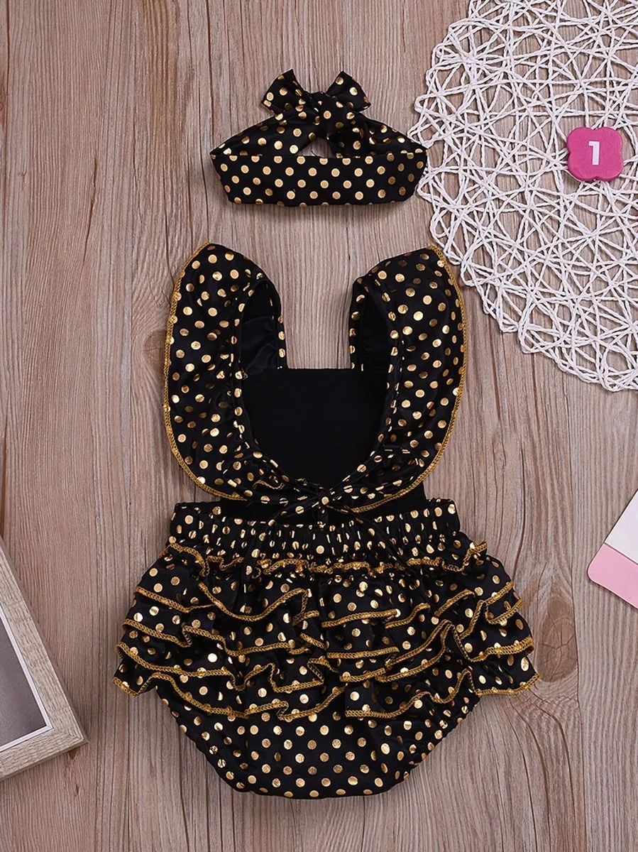 2-Piece Onesie Polka Dots Ruffle Jumpsuit   Headband