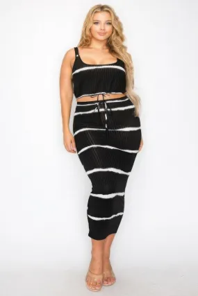 2 Piece Women's Casual Black & White Tie-dye Plus-size Tank Crop Top and Pencil Skirt Set