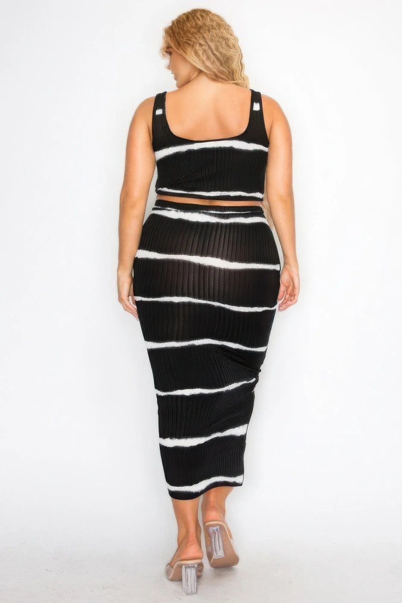 2 Piece Women's Casual Black & White Tie-dye Plus-size Tank Crop Top and Pencil Skirt Set