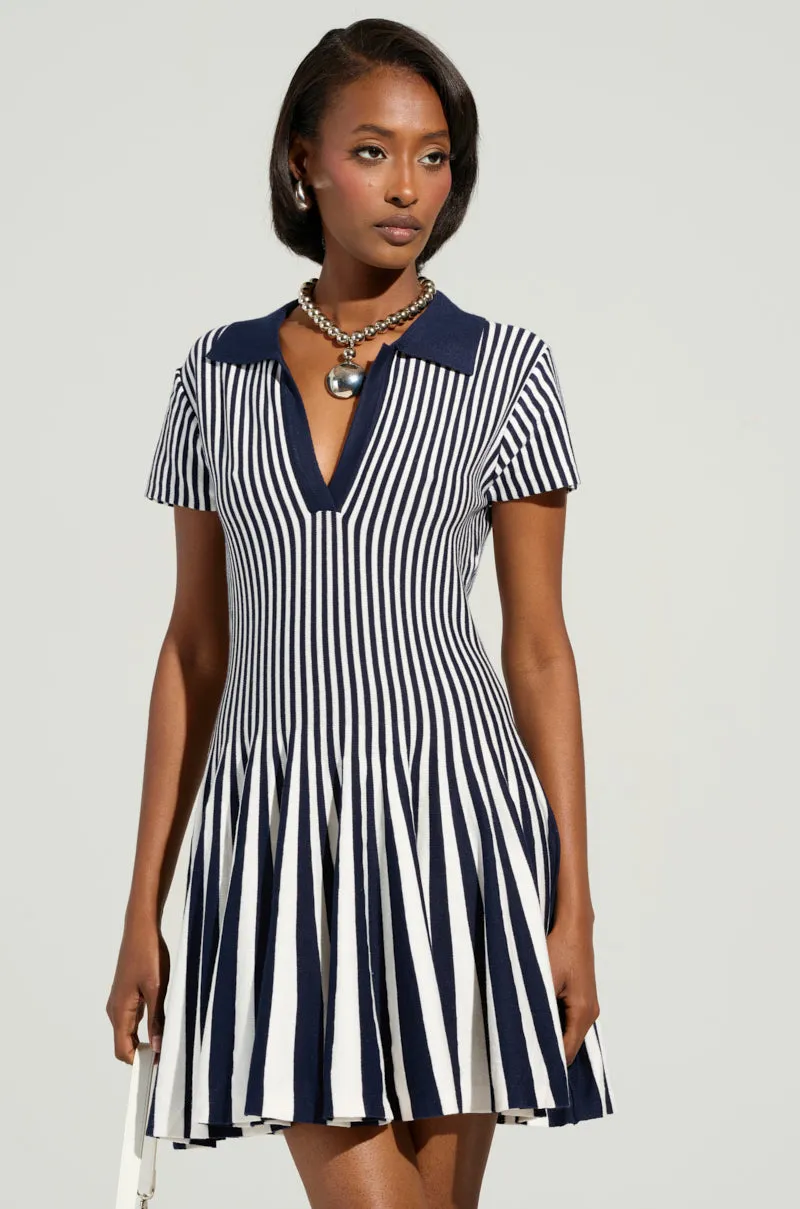 ALINA PLEATED KNIT FIT AND FLARE MINI DRESS IN NAVY