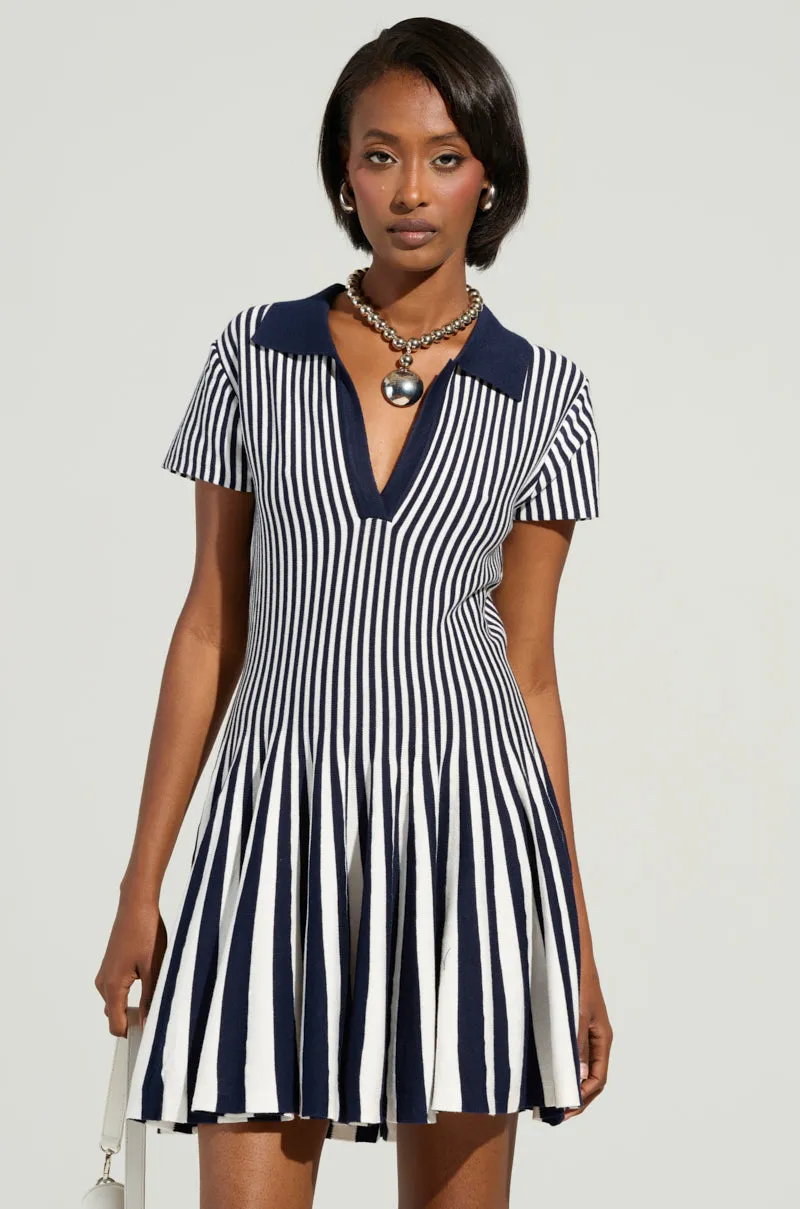 ALINA PLEATED KNIT FIT AND FLARE MINI DRESS IN NAVY