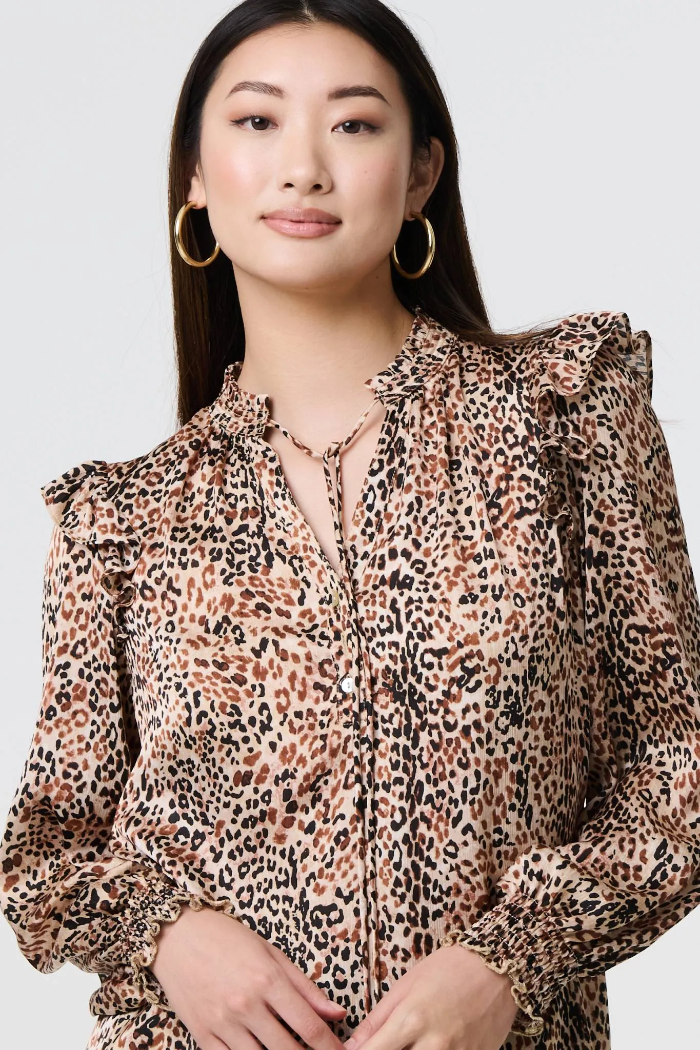 Animal Print Tie-Up Keyhole Neck Blouse