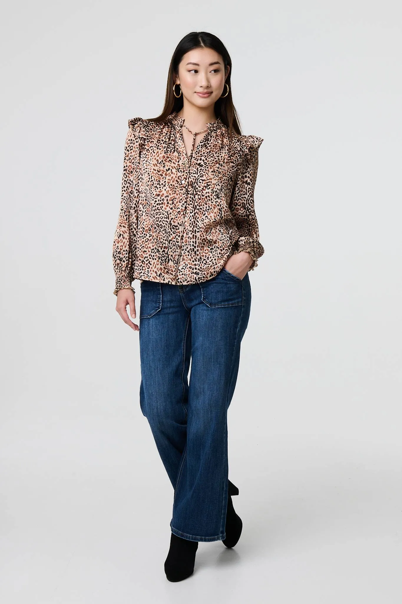 Animal Print Tie-Up Keyhole Neck Blouse