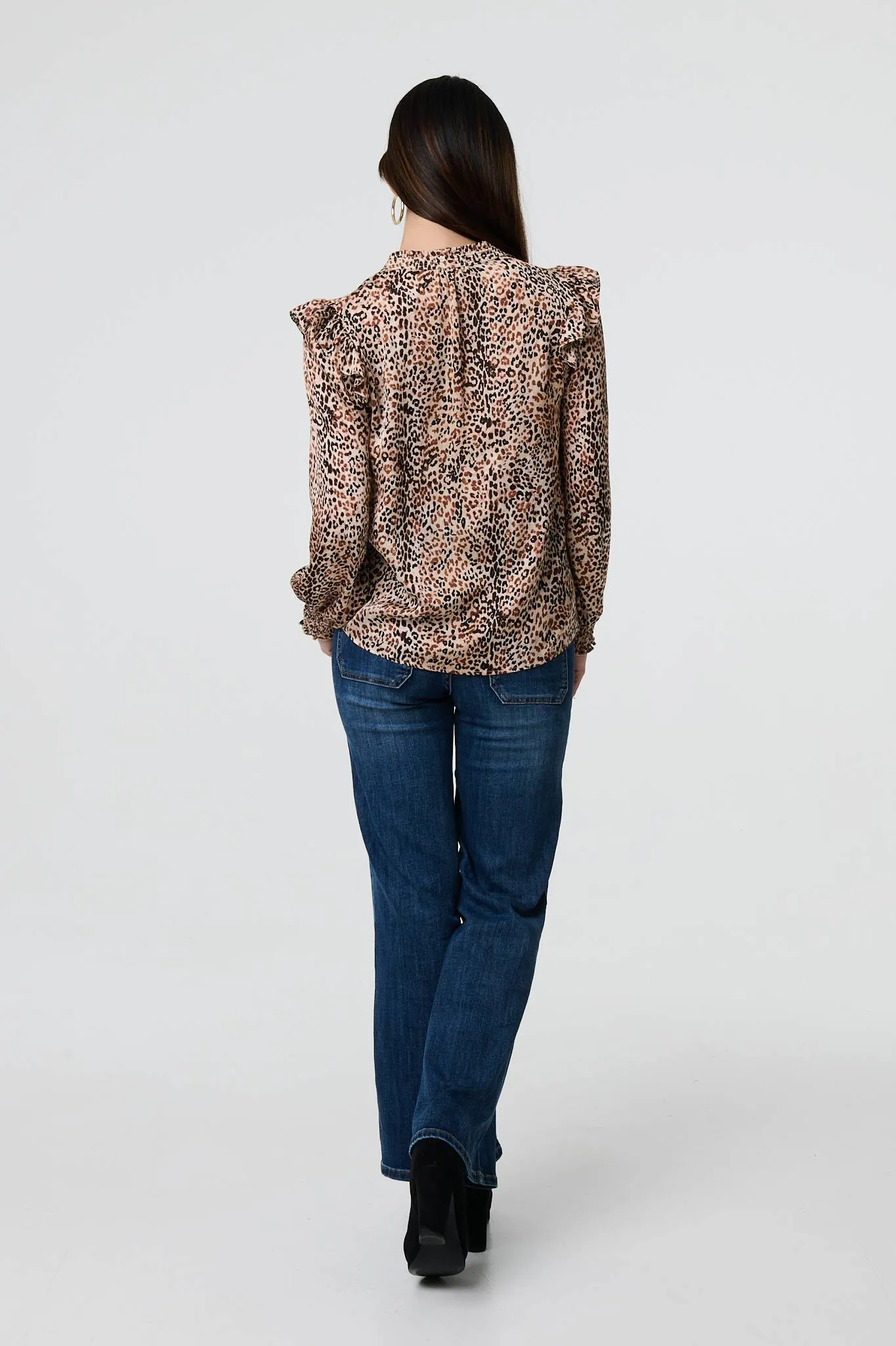 Animal Print Tie-Up Keyhole Neck Blouse