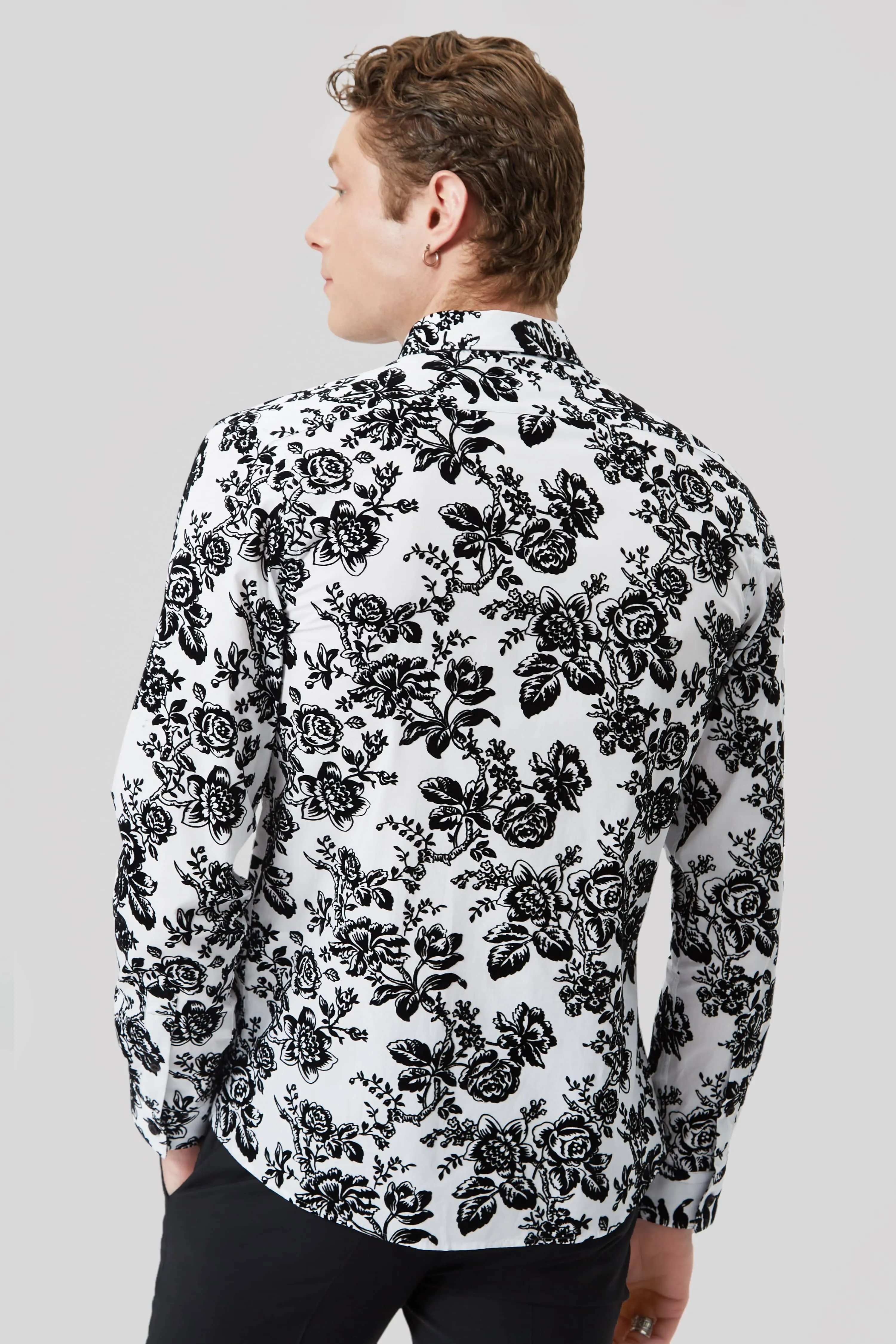 Armada Skinny Fit White Floral Flocked Cotton Shirt - ARCHIVE