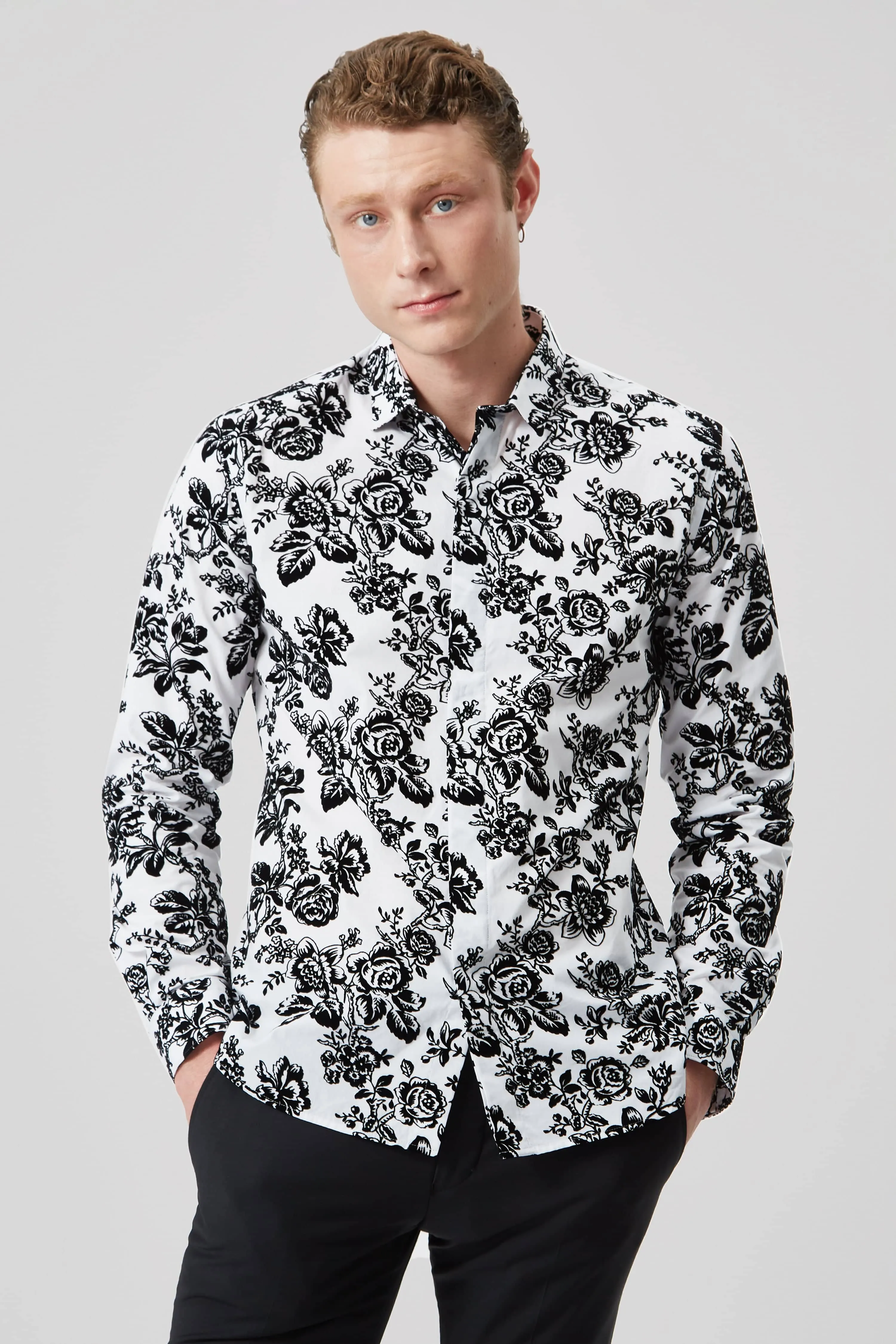 Armada Skinny Fit White Floral Flocked Cotton Shirt - ARCHIVE