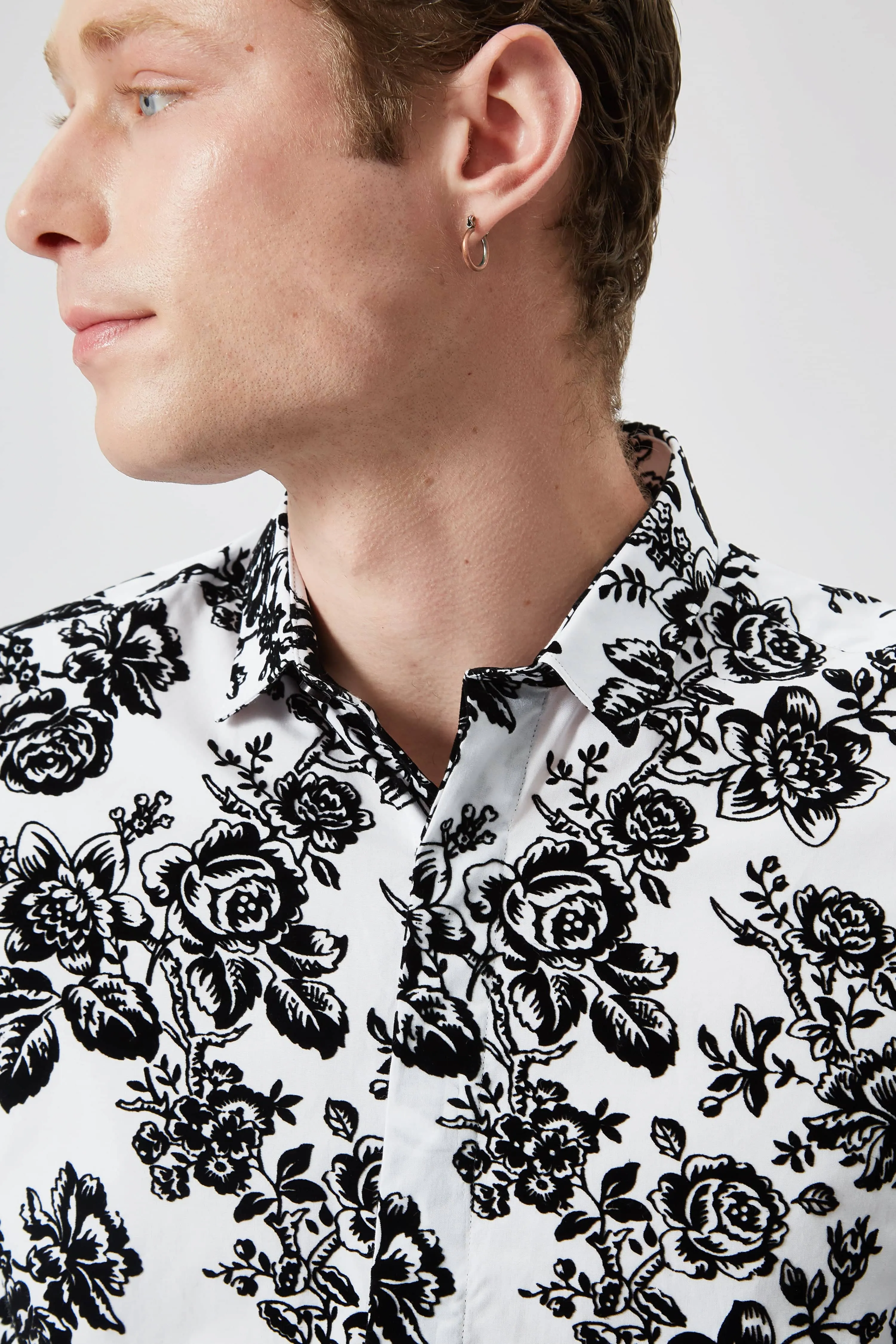 Armada Skinny Fit White Floral Flocked Cotton Shirt - ARCHIVE