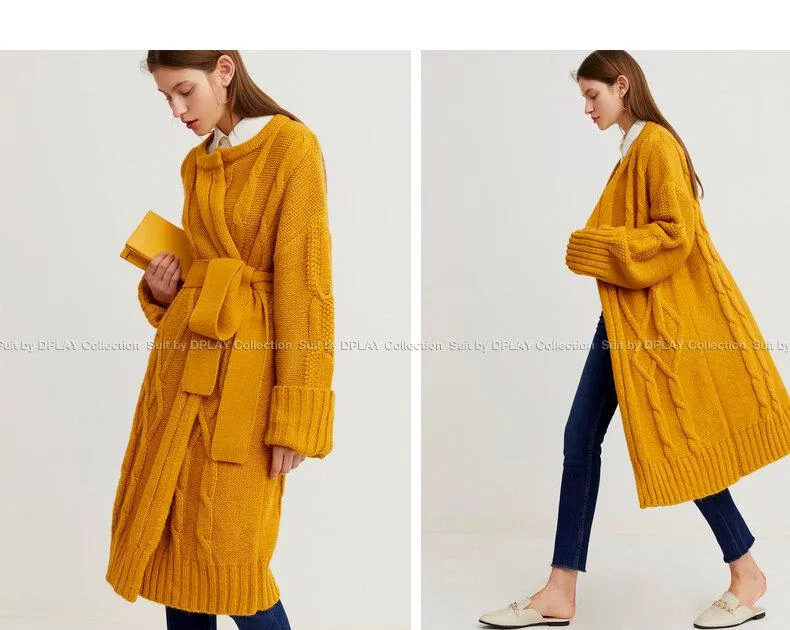 Autumn and winter yellow long loose knitted dress long-sleeved twist-knit cardigan - Inne