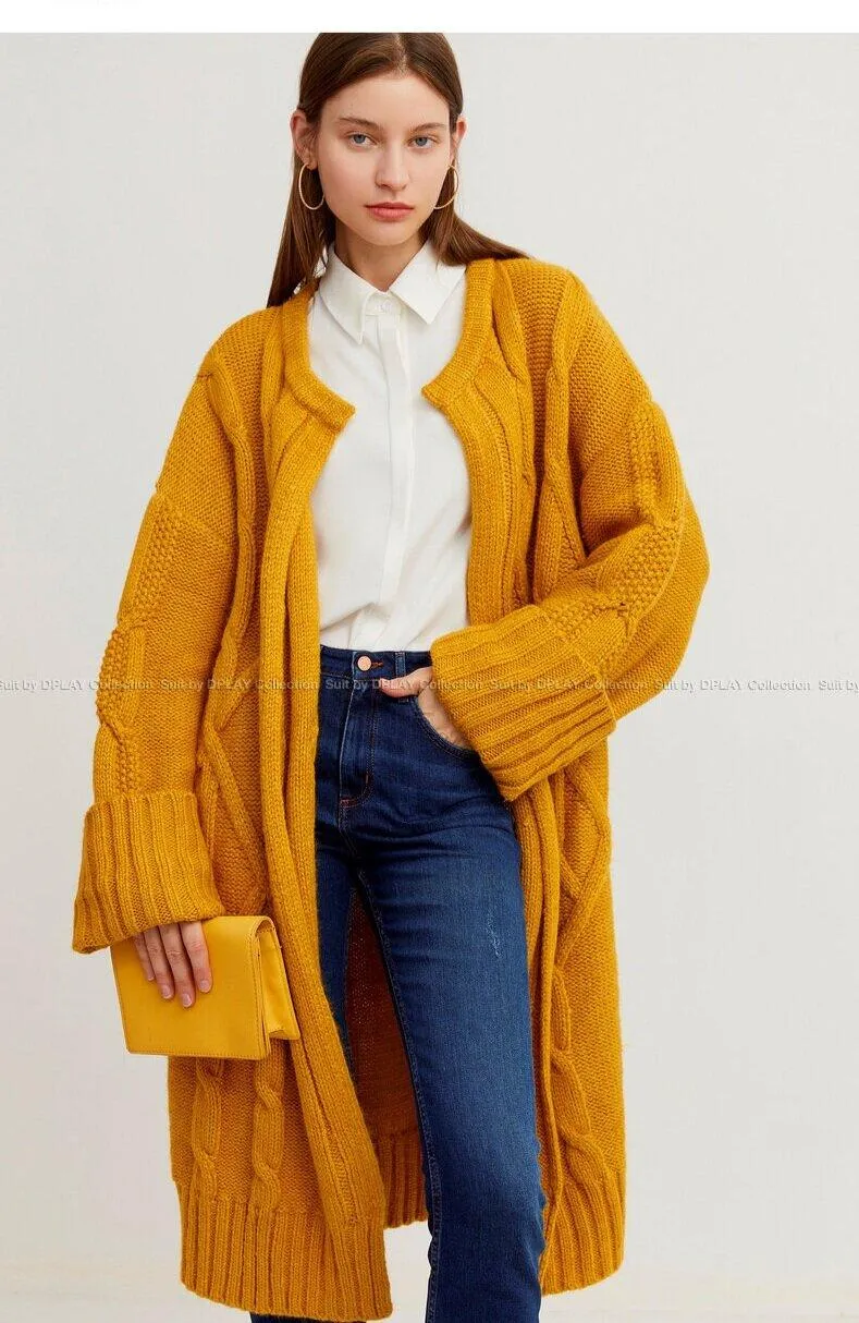 Autumn and winter yellow long loose knitted dress long-sleeved twist-knit cardigan - Inne