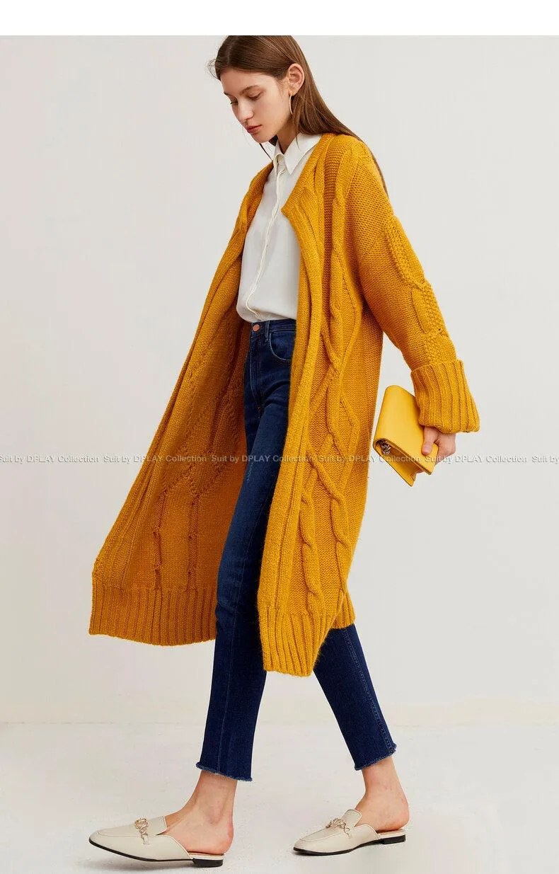 Autumn and winter yellow long loose knitted dress long-sleeved twist-knit cardigan - Inne