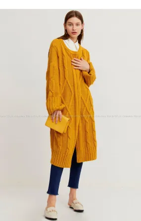 Autumn and winter yellow long loose knitted dress long-sleeved twist-knit cardigan - Inne