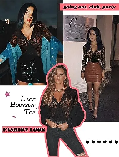 Avidlove Plus Size Womens Long Sleeve Black Bodysuit V Neck Lace Body Suits Going Out Tops Snap Crotch One Piece Teddy Lingerie