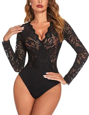 Avidlove Plus Size Womens Long Sleeve Black Bodysuit V Neck Lace Body Suits Going Out Tops Snap Crotch One Piece Teddy Lingerie