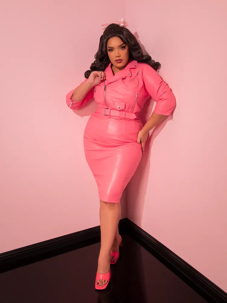 BACKLOT NON DAMAGED - Bad Girl Pencil Skirt in Flamingo Pink Vegan Leather - Vixen by Micheline Pitt