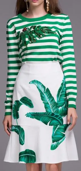 Banana Leaf Embellished Stripe Knit Sweater & Banana Leaf Printed Skirt Set