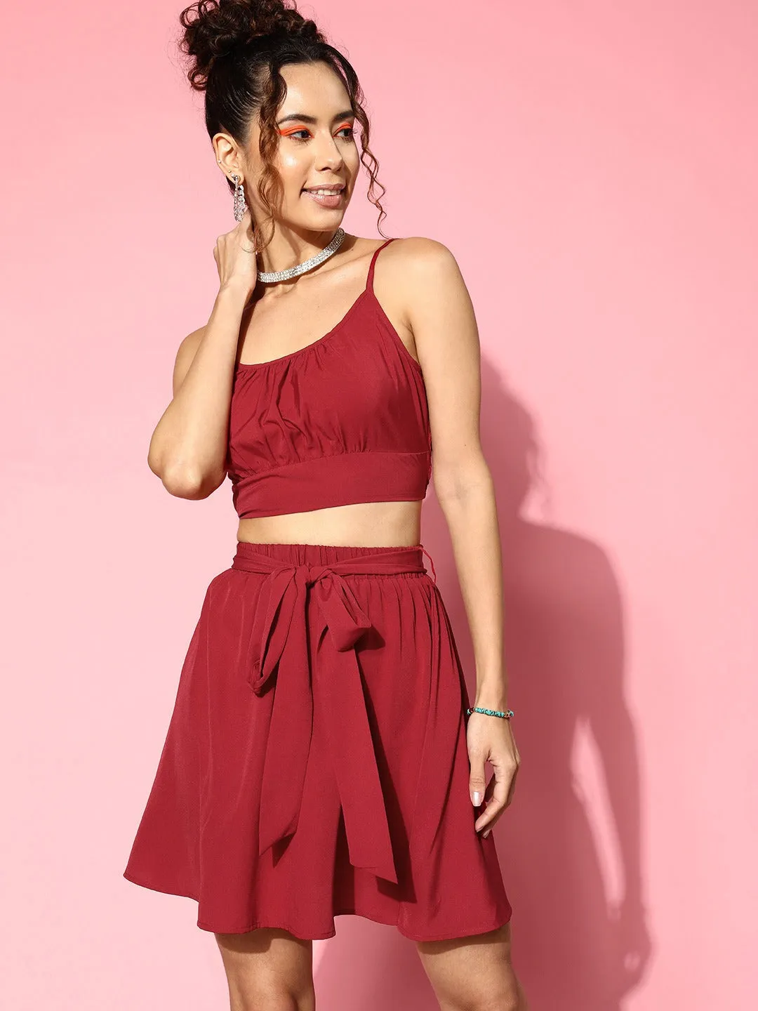 Berrylush Women Solid Red Scoop Neck Waist Tie-Up Polyester Flared Mini Co-Ord Set