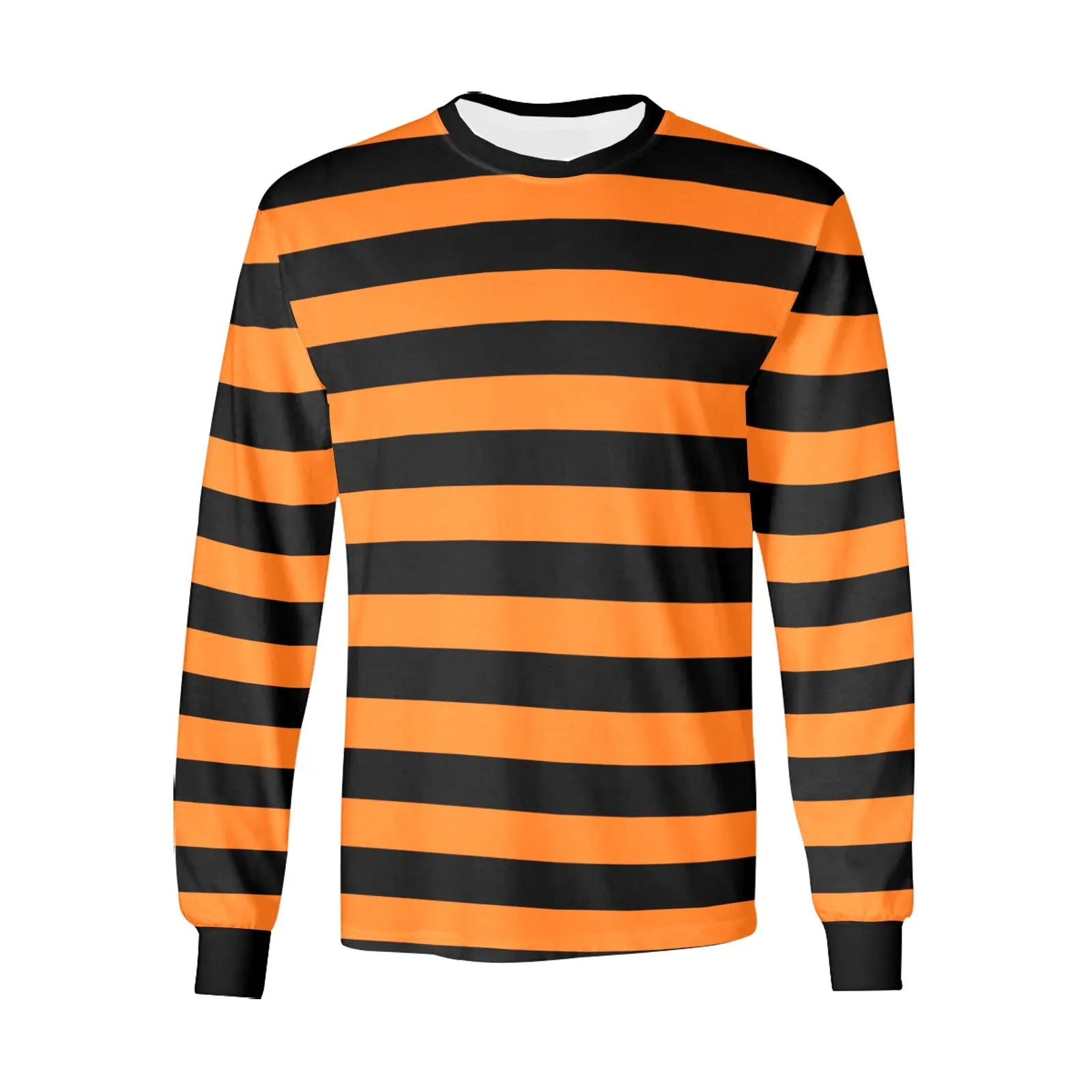 Black and Orange Striped Men Long Sleeve TShirt, Graphic Vintage Retro Stripes Punk Halloween Crewneck Unisex Women Designer Tee Shirt