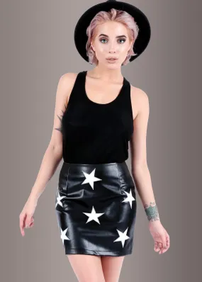 Black Faux Leather Mini Skirt with White Star Embellishments