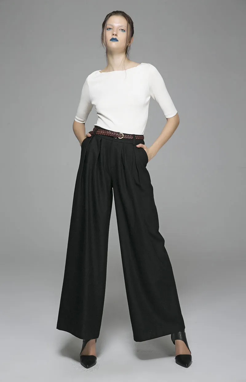 Black Maxi wool pants long Trousers 1389#