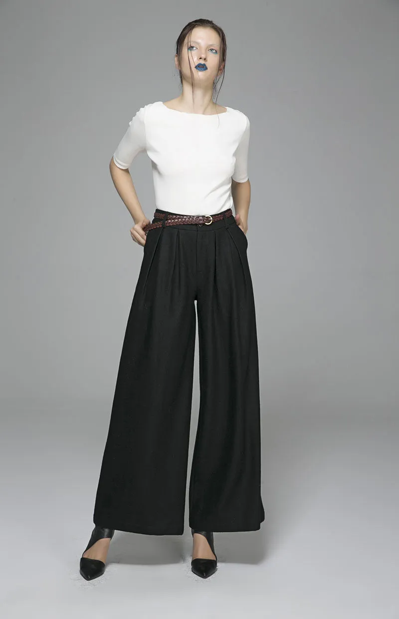 Black Maxi wool pants long Trousers 1389#