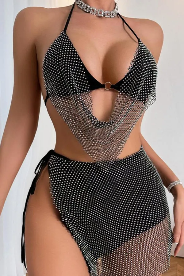 Black Rhinestone Fishnet 3 Piece Set