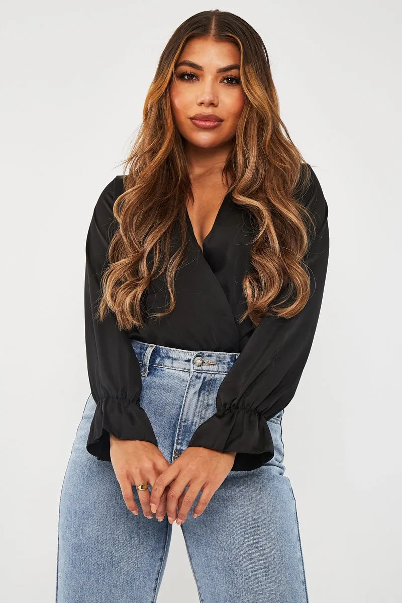 Black Satin Plunge Wrap Bodysuit - Penelopi