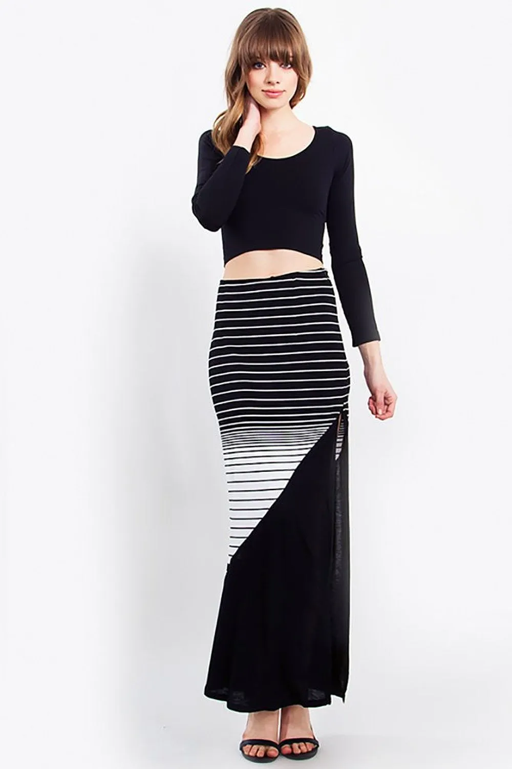 Black White Striped Colorblock Basic Knit Maxi Skirt with Slit