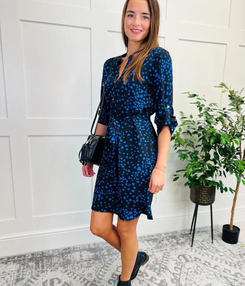 Blue Heart Print Belted Shirt Dress