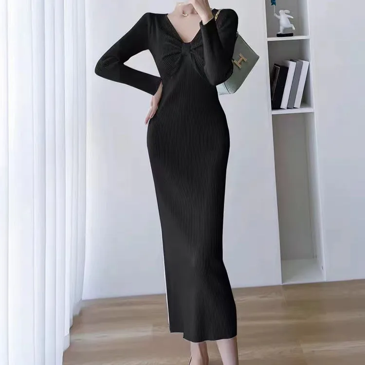 Bodycon Hip-Hugging Temperament Slit Knitted Dress