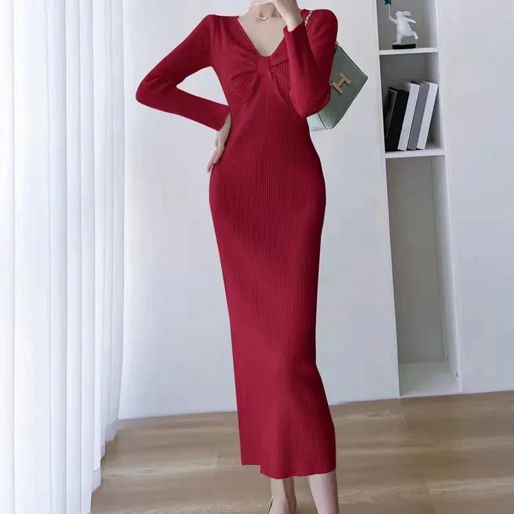 Bodycon Hip-Hugging Temperament Slit Knitted Dress