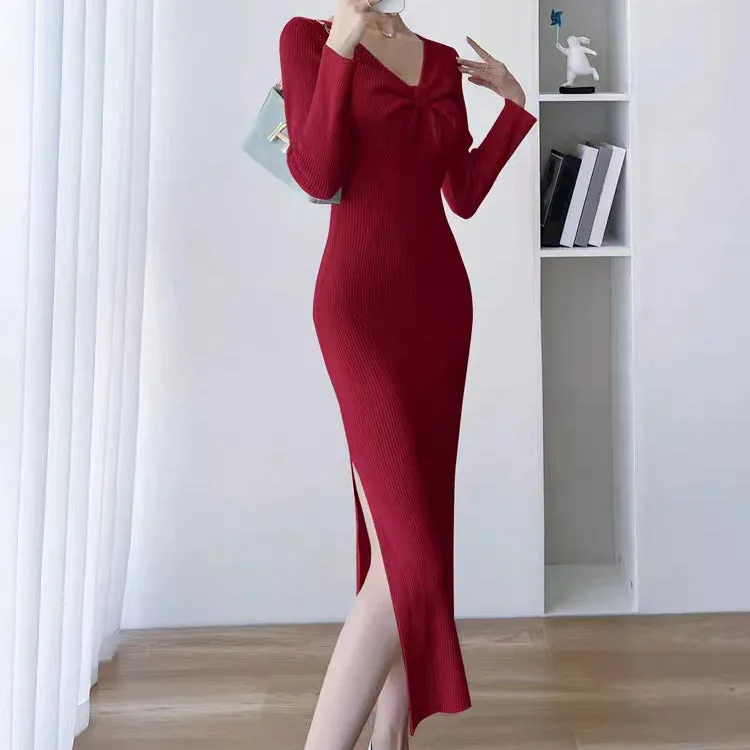 Bodycon Hip-Hugging Temperament Slit Knitted Dress