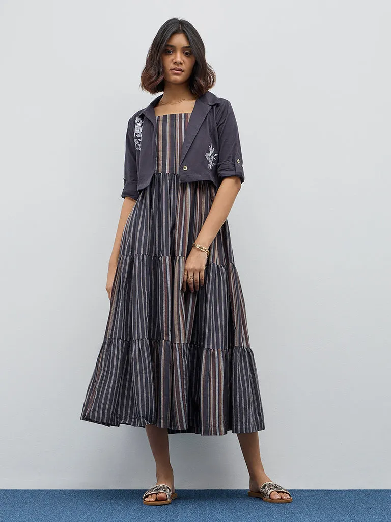 Bombay Paisley Black Stripe Tiered Cotton Dress with Jacket