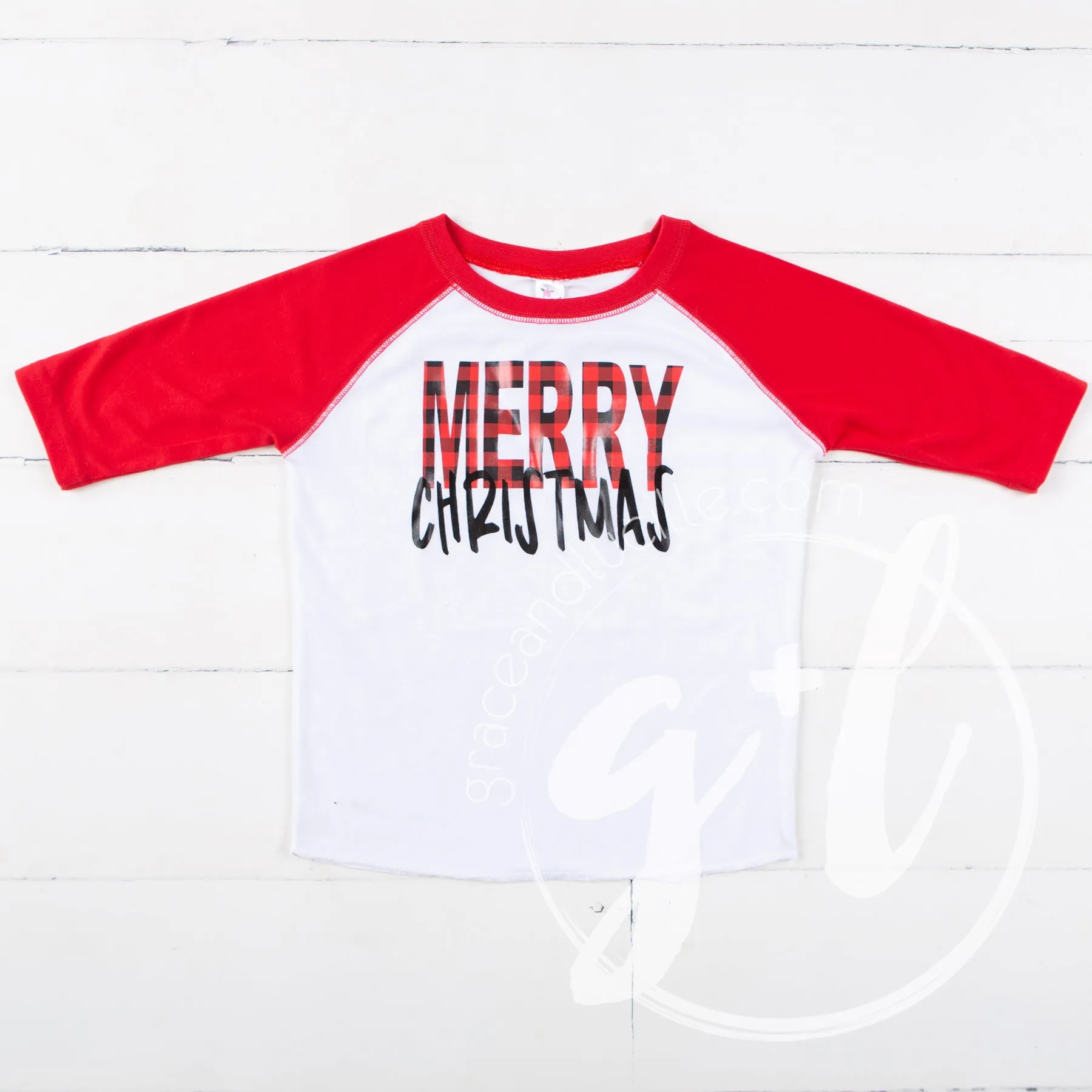 Boys Merry Christmas Raglan Tee Shirt, Buffalo Check Merry Christmas shirt