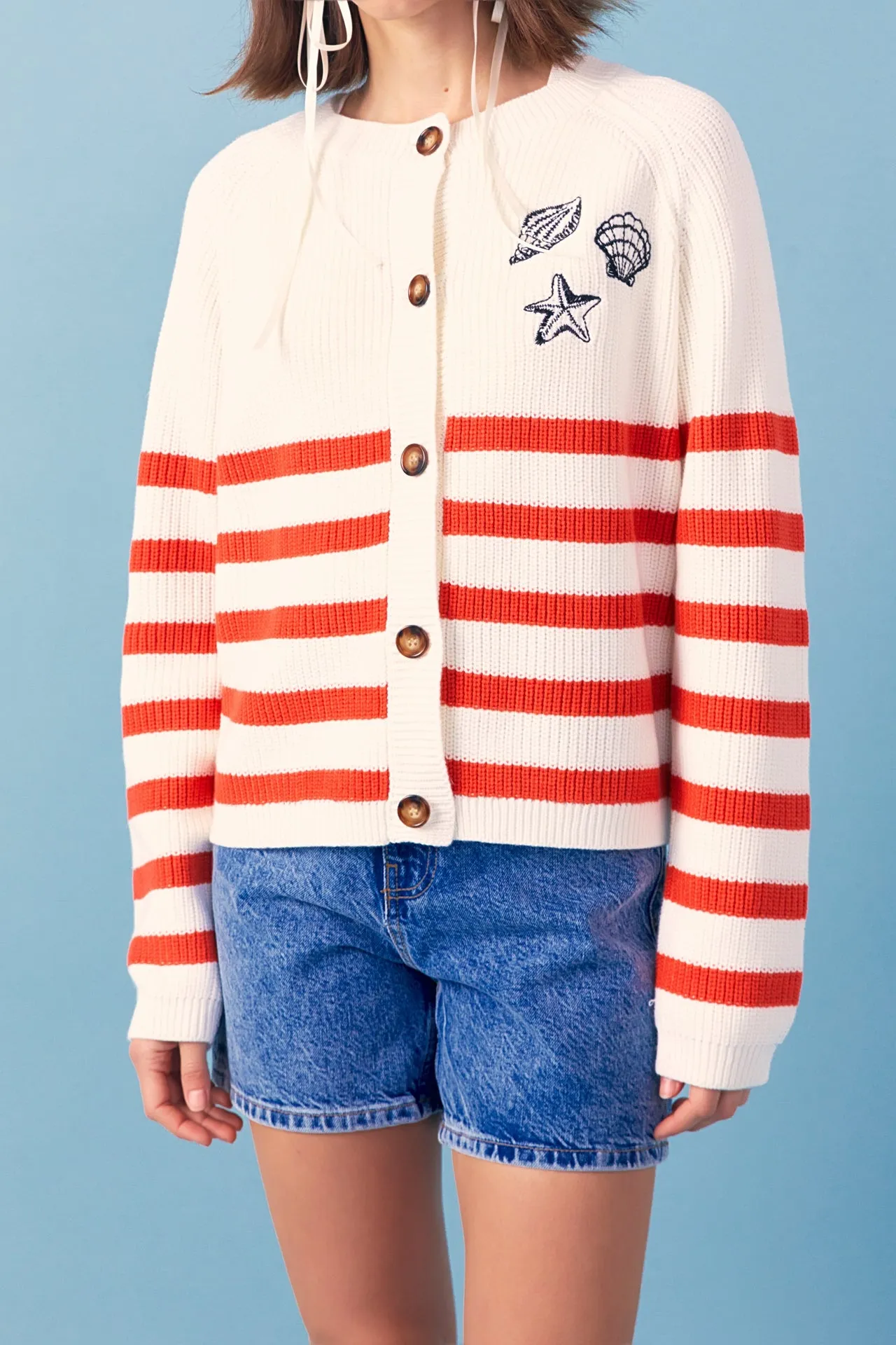 Breton Striped Cardigan with Shell Embroidery