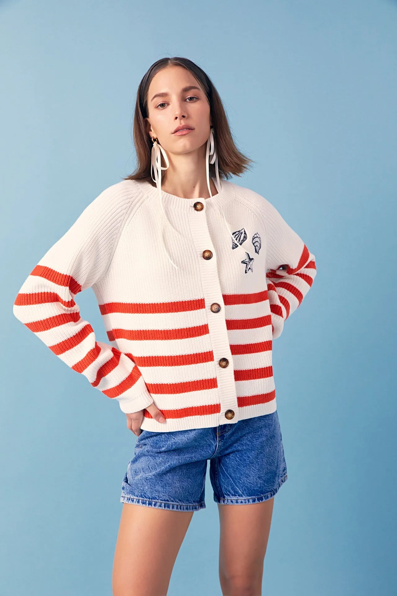 Breton Striped Cardigan with Shell Embroidery