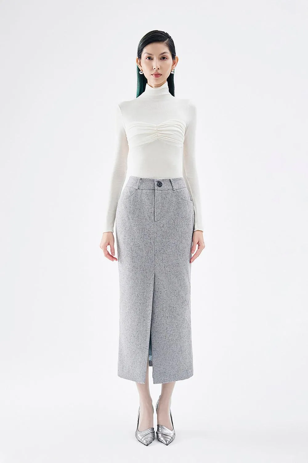 Briar Pencil Front Slit Wool Blend Midi Skirt