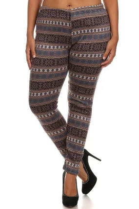 Brown Beige Snowflake Winter Fleece Lined Plus Stretch Leggings