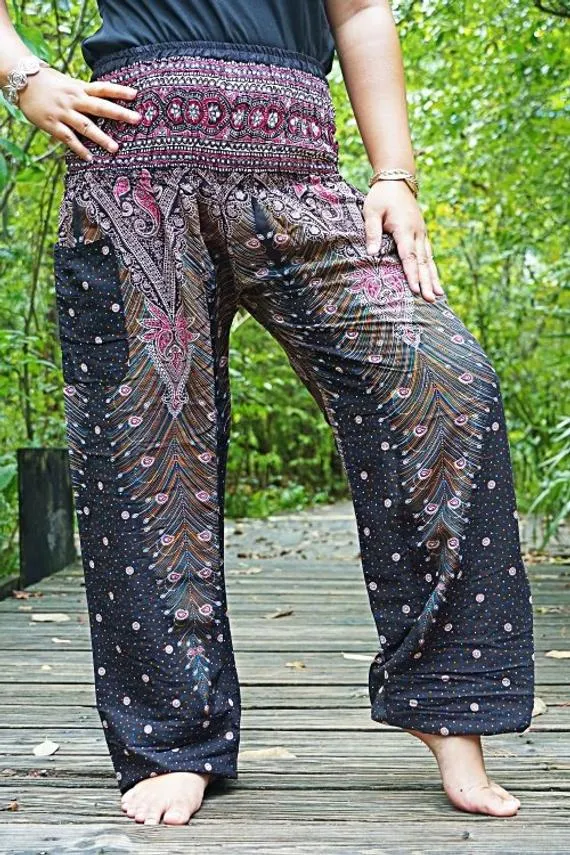 Brown Pink PEACOCK Women Boho Pants Hippie Pants Yoga Pants